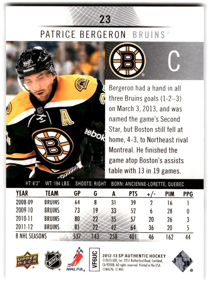 Patrice Bergeron 2012-13 SP Authentic #23 Boston Bruins - Image 2 of 2