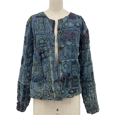 Sacred Threads Patchwork Art to Wear Elephants Quilted Jacket S Blue Boho Cotton
