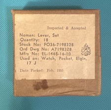 Vtg Elgin 17J Military Pocket Watch Lever Set Ord. No. A7198328 1950 Sealed USA