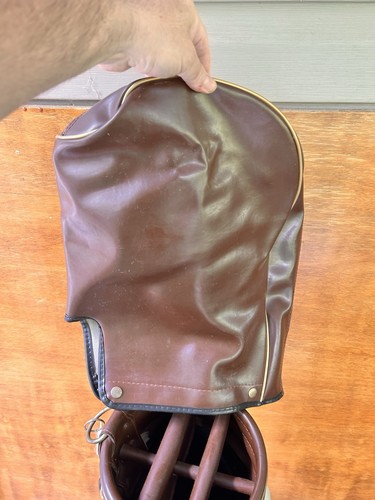 Vintage Dunlop Golf Cart Bag 6-Way Divider Brown Tan Leather USA Rain Hood Socks - Picture 14 of 24