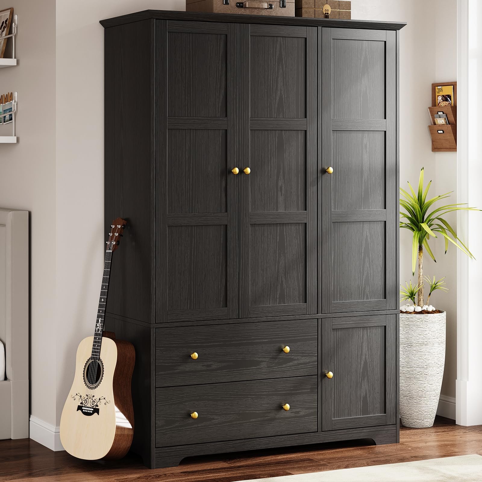Black Wooden Armoire 3 Doors with Drawers Shelves Pull Out Pants Rack