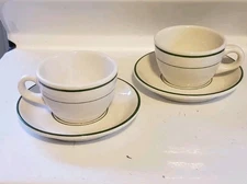 Pair Buffalo China Restaurant Ware Green/White  Cups & Saucers NOS