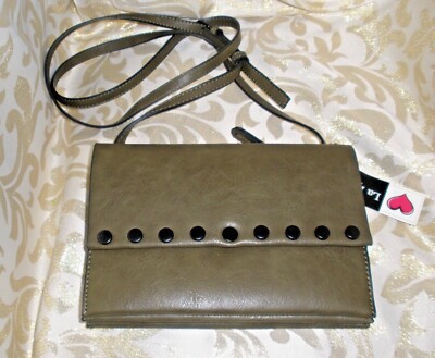 New! La Diva OLIVE GREEN FAUX LEATHER Crossbody Clutch ADJUSTABLE Strap NWT 