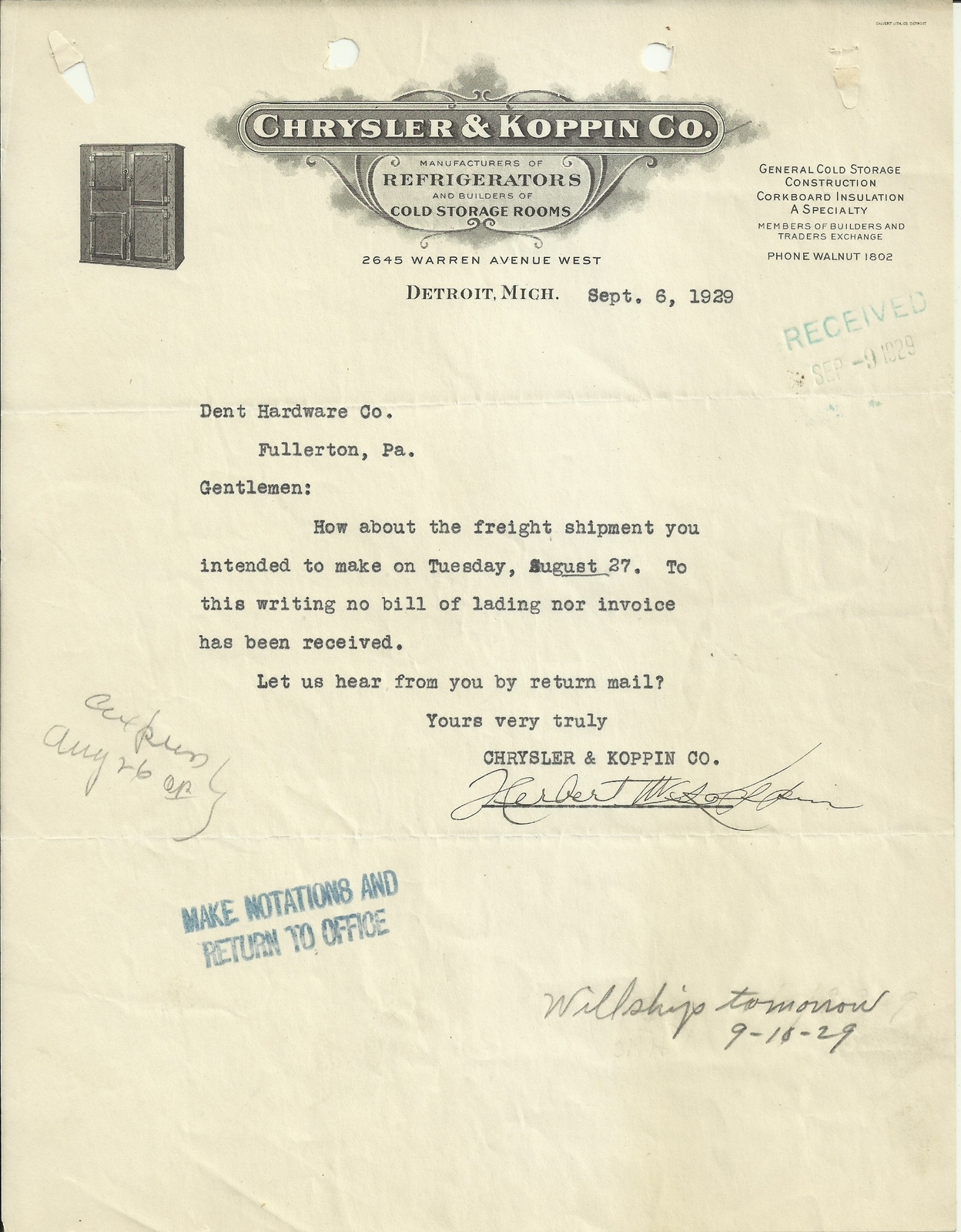 OLD VINTAGE CHRYSLER & KOPPIN CO. DETROIT MICHIGAN 1929 LETTER