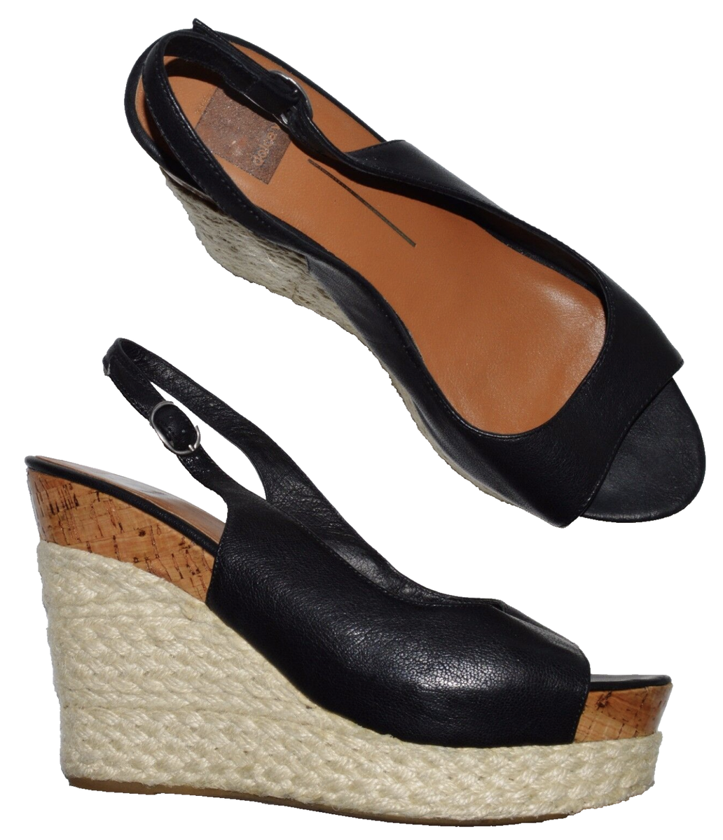 DOLCE VITA M BLACK LEATHER SLINGBACK ESPADRILLE PLATFORM WEDGE HEEL  SANDALS