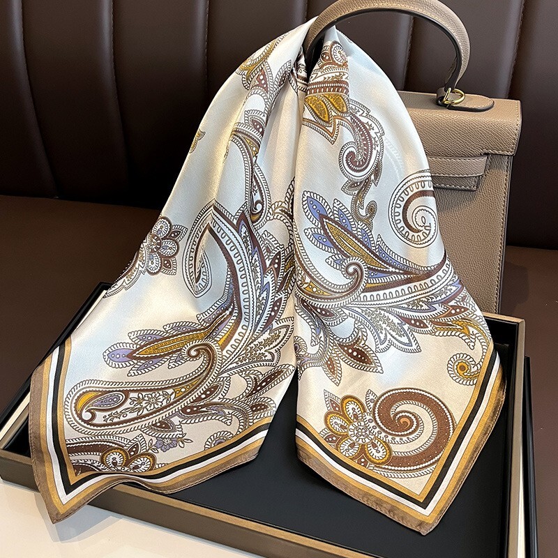 100% Silk Vintage Beige Paisley Scarf for Women 68x68cm Square Bandana Wrap