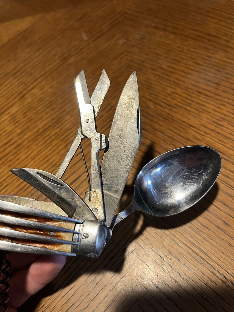 Vintage Stainless Steel Multi-Tool with Fork Spoon Knife Scissors Opener  