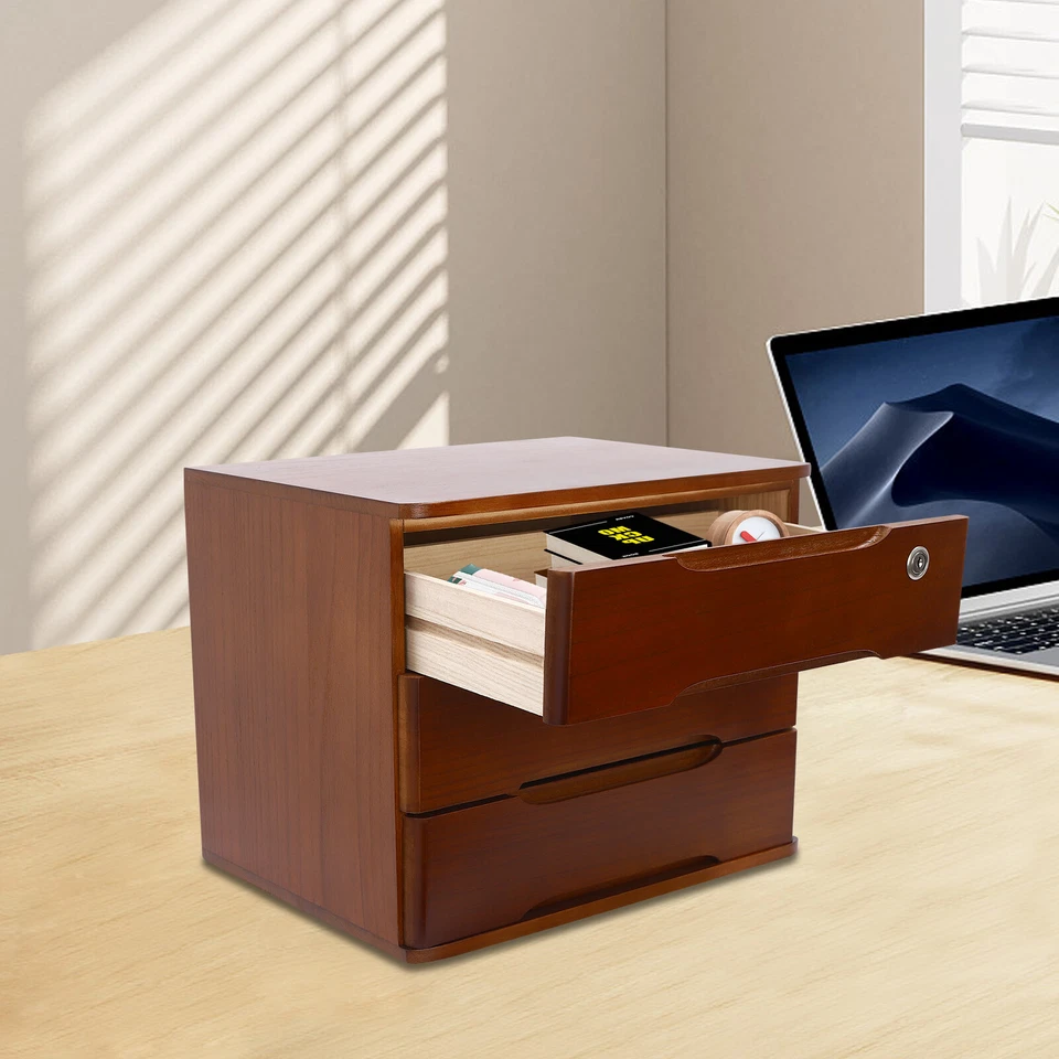 3-Tier File Cabinet Organizer Walnut Desktop Storage Box with Lockable 3 Drawers - Image 3 of 4