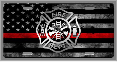 L@@K!  American Flag with Red line an Fireman  Logo   License Plate, Auto Tag