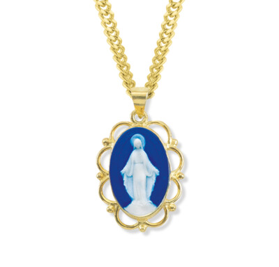 Dark Blue Gold Over Sterling Silver Cameo Miraculous Medal Pendant ...
