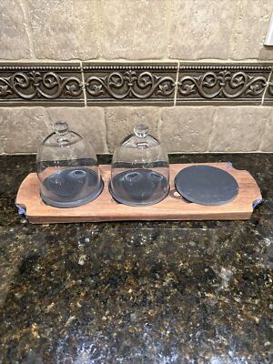 ARTESA APPETISER SERVING SET w/GLASS CLOCHE, SLATE INSERTS ACACIA WOOD  TRAY