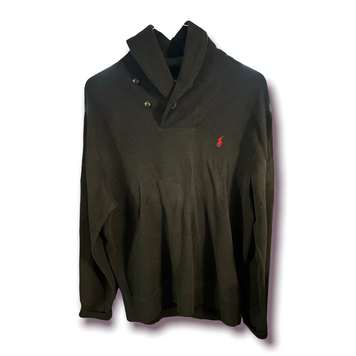 Ralph Lauren Polo 1 4 Button Up Sweater Mens Large 100 Cotton Black w red horse eBay