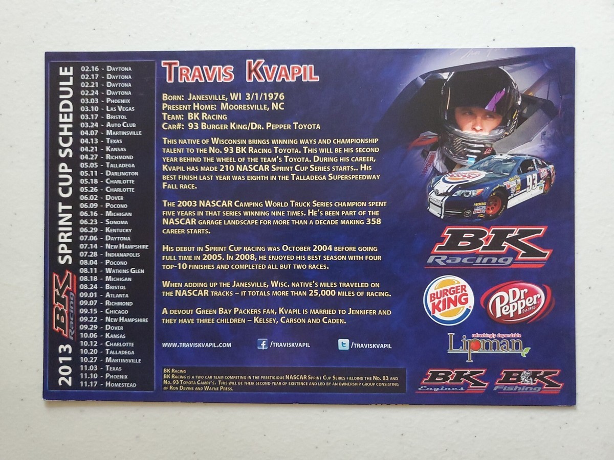 2013 TRAVIS KVAPIL SPRINT CUP BK DR PEPPER NASCAR DRIVER HERO Card