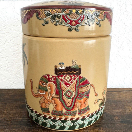 Signature Home Elephant Canister with Lid Decorative Use Only! Hand Painted Jar