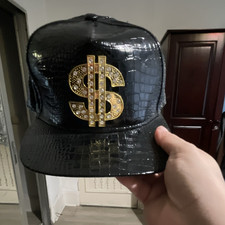 Black Faux Leather Crocodile Pattern Cap with Gold Dollar Sign Money Theme