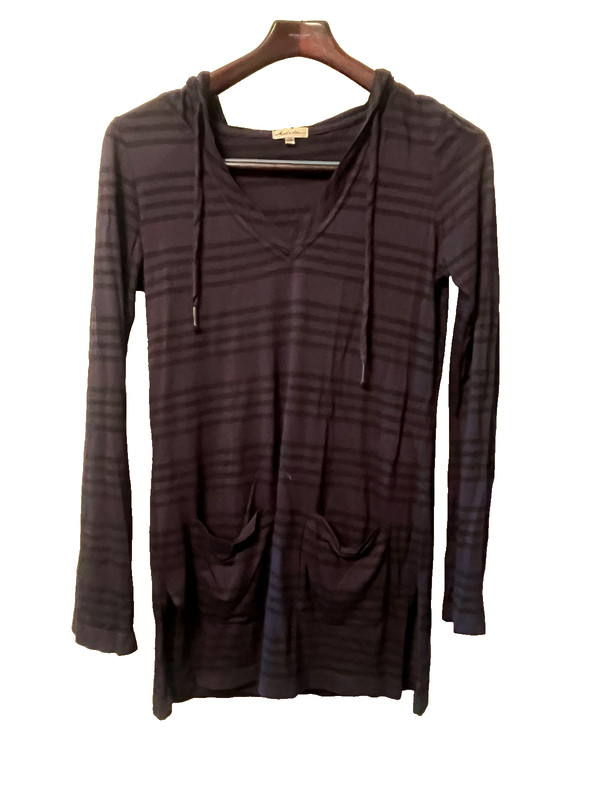 MOD-O-DOC BLUE BLACK STRIPED COTTON STRETCH PULLOVER HOODIE T-SHIRT TOP WOMEN XS