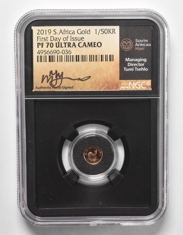 PF70 UCAM 2019 South Africa 1/50 Krugerrand Fine Gold FDOI - Signed - NGC a1019