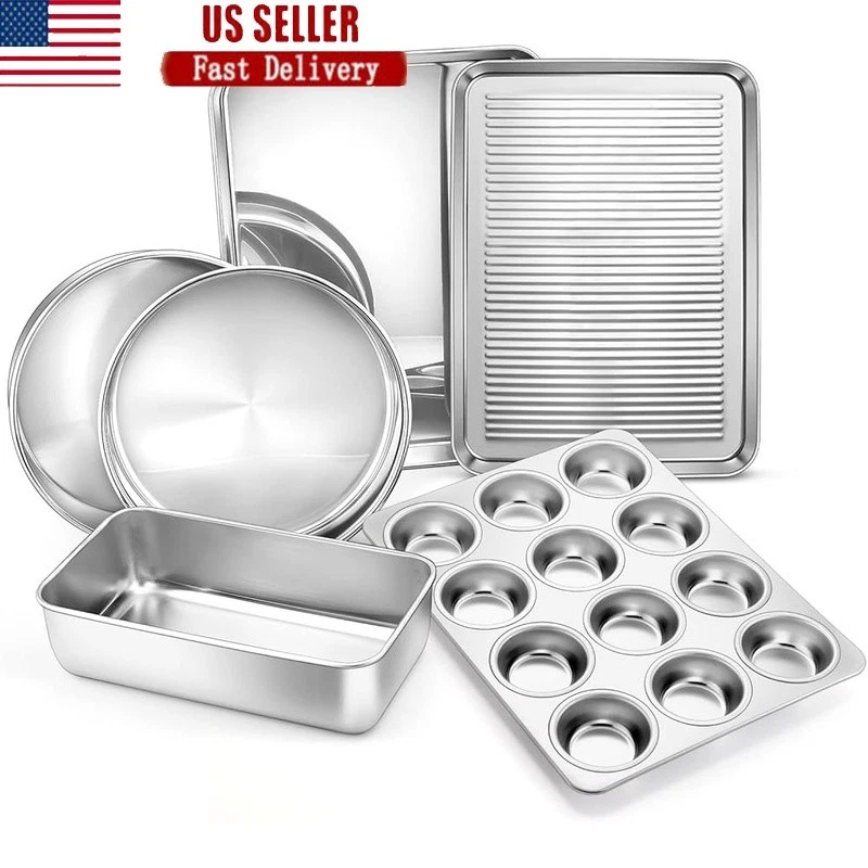 Baking Pans Set Stainless Steel Cookie Sheet Muffin Loaf Cake Pan Non Toxic New