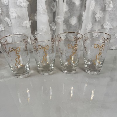 Set of 4 Vintage Libbey Glasses White Roses Gold Bows Rims Cottagecore 5 1/4''