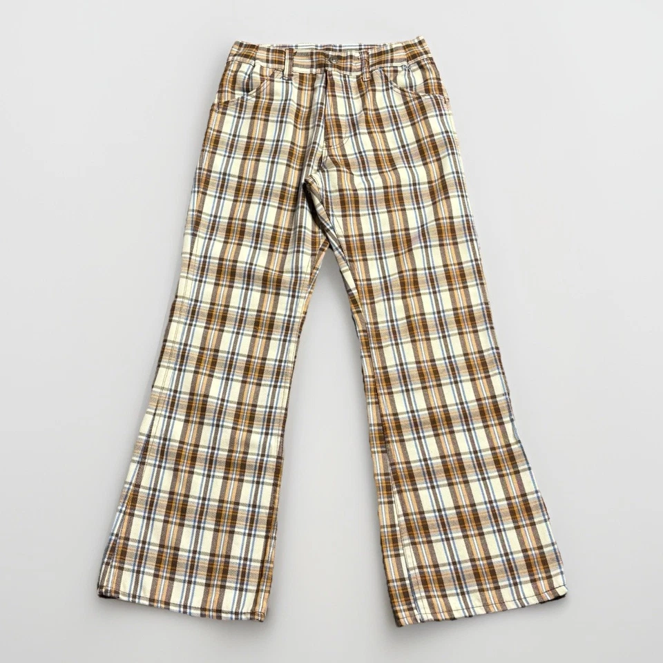 Talla 26x27- Vintage Sears Toughskins Cuadros Campana-Fondo Pantalón Mujer’s Marrón HEMMED Foto 2 de 4