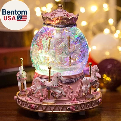 Gift Wrapped Music Box Carousel Horses Color Lights Unicorn Musical Snow Globe f