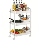 3-Tier Metal Rolling Utility Cart Lightweight Storage Organizer Trolley w/ hooks