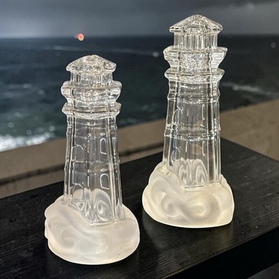 LENOX Crystal Glass LIGHTHOUSE Salt & Pepper Shaker SET Clear w/Frosted Base VTG