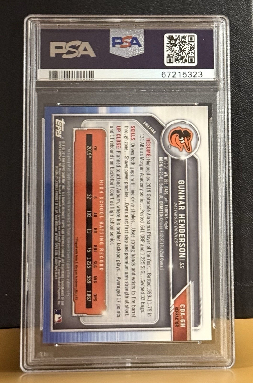 2019 Bowman Draft Gunnar Henderson Orioles Chrome DP Auto Refractor /499 PSA 9 view 2