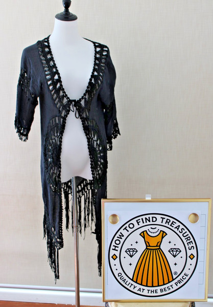 LB9) UNBRANDED ONE SIZE BLACK CROCHET SUN OVER DRESS FOR SWIMMERS KAFTAN TIE UP