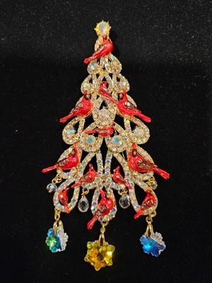Kirks Folly Rare Christmas Tree Brooch With Enamel Cardinals and Crystals MIB