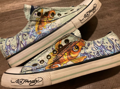 VTG RARE Y2K ED HARDY CANVAS SNEAKERS KOI FISH GRAPHIC ( WOMENS 10 ) AOP