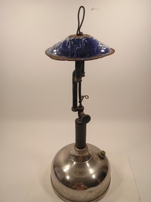 Antique Coleman Quick-Lite Table Lamp Chrome Base Blue Enamel Shade
