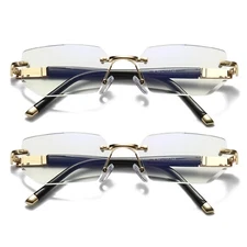 2PK Mens Diamond Shape Rimless Blue Light Blocking Reading Glasses Metal Readers