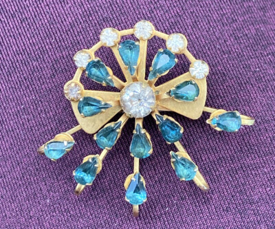 Vintage Atomic Star Comet Brooch Pin Pendant Blue White Rhinestones 1960 s