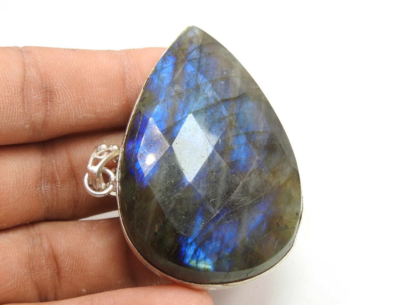 Christmas Gift Labradorite Brass Pendant Faceted Cabochon Multi Fire Jewelry