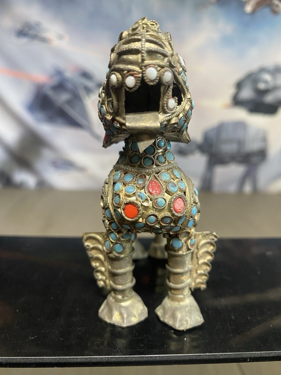 Vtg Tibetan Foo Dog Incense Burner Brass Filigree Turquoise Coral