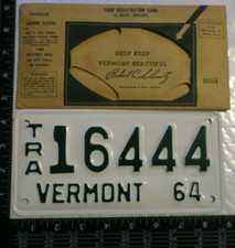 1964 64 VERMONT VT TRAILER TRL LICENSE PLATE TAG - MINT NOS ENVELOPE #16444 444