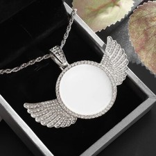 Silver Angel Wings Mirror Photo Pendant with Ice Crystal Zirconia Necklace