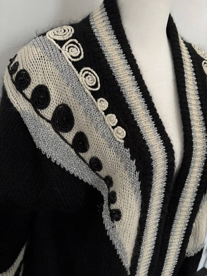 Chaleco Largo Vintage Años 80 CARRERA FRANKLIN Negro Mohair Tejido Bordado Metálico L/XL Foto 3 de 4