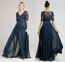 Teri Jon by Rickie Freeman Layered/ Overlay Chiffon & Sequin Gown Navy sz 8 $740
