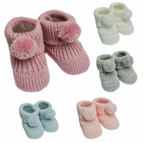 Newborn Baby Boys Girls 1 Pair Pom Pom Baby Booties NB-3 Months Approx Bootees - Picture 1 of 6