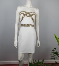 Missi London Size 12 Short Bodycon Mini Dress Sleeveless White Gold Sequins NEW