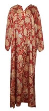 VALERIE STEVENS M Long Satin Nightgown Zip Up Red Gold Floral Paisley Butterfly