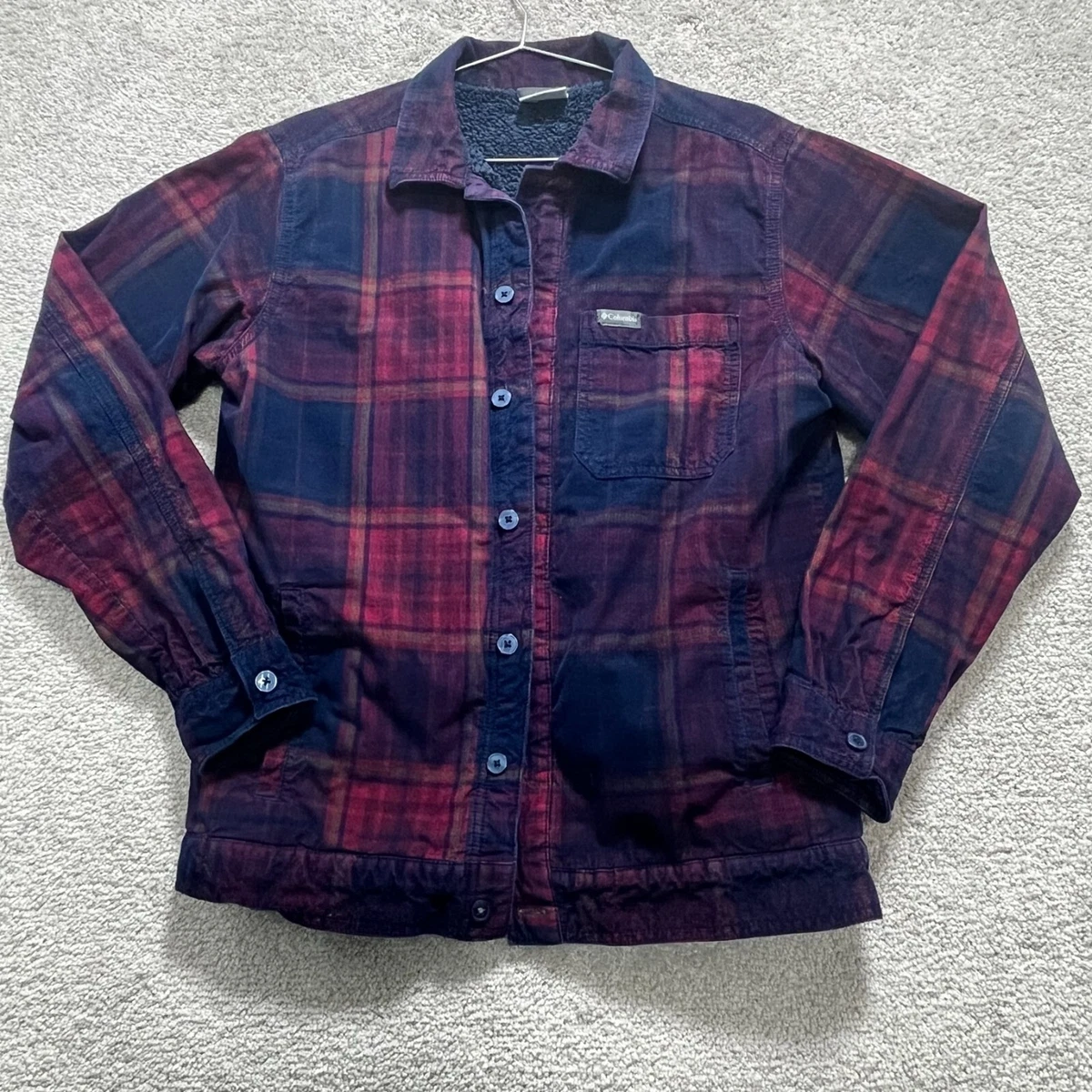 Columbia Shirt Jacket Mens S Red Blue Windward Rugged Plaid Fleece Lined Shacket