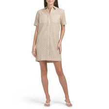 Elie Tahari Women's Collared Button Down Khaki Eyelet Shift Dress Size Medium