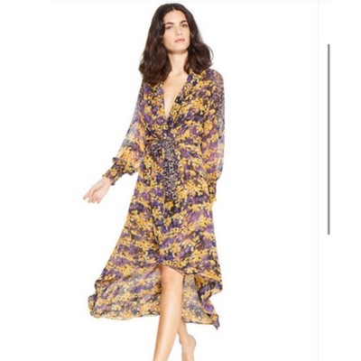 MISA Los Angeles Floral Wrap Dress Purple & Yellow. Smocked Cuff.  Medium. NWOT