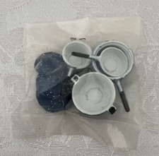 Vintage Dollhouse Miniature Blue Speckled Enamelware Pots / Pans / Lids   NEW