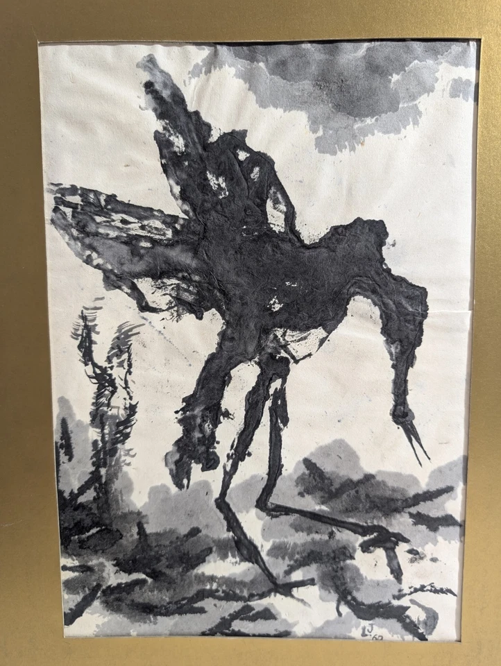 MCM 墨水和洗涤艺术起重机鸟类狩猎绘画 14x18 Matted 签名 LJ 60 复古 — 第 2/4 张图片