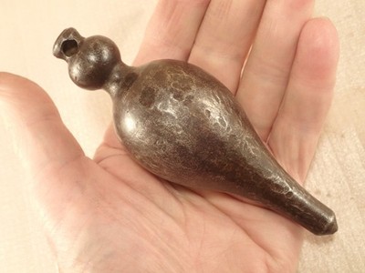 Vtge UNUSUAL Turned & Hammered Iron Elongated Turnip Plumb Bob, 20 oz., 5'' Long