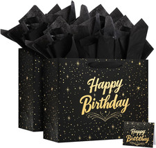 Large Happy Birthday Gift Bag with Tissue Paper and Greeting Card, Black Gift Ba